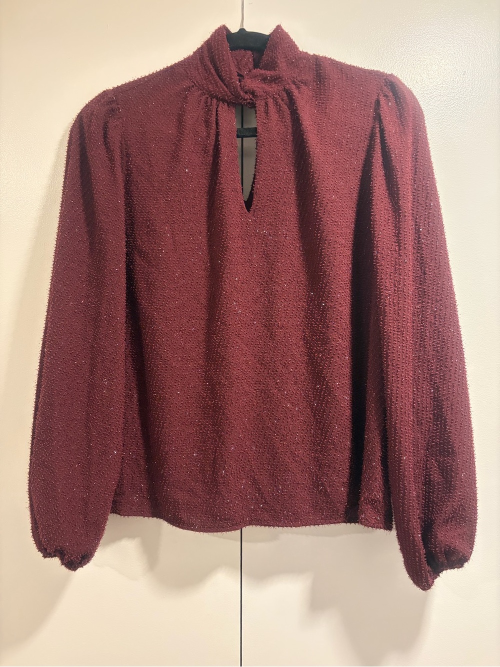 Nine West Wine Textured Long-Sleeve Keyhole Blouse